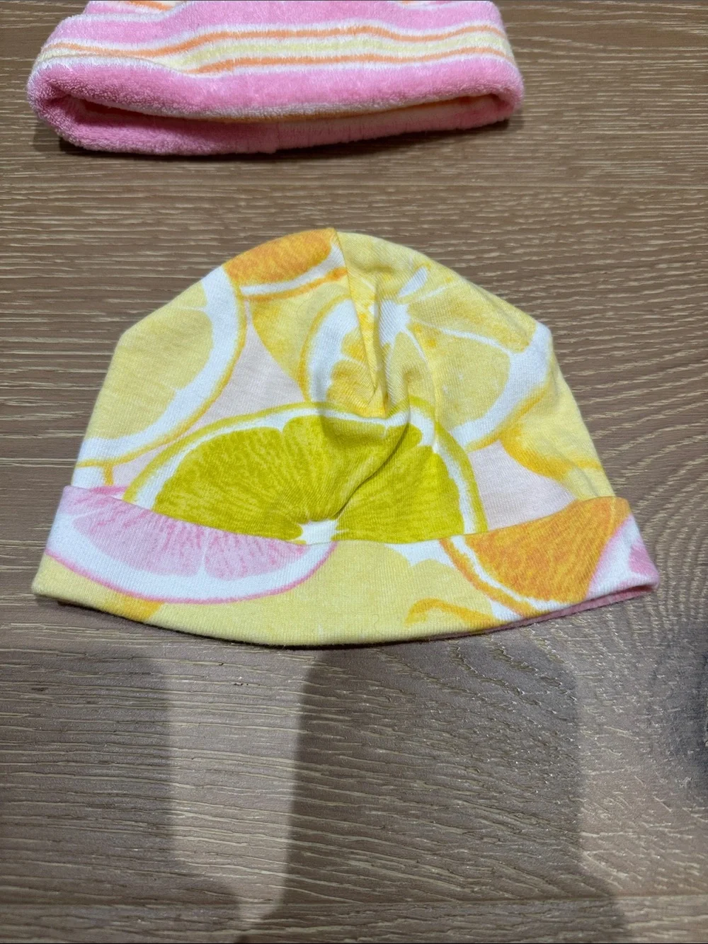 New Two Baby Lulu Hat Citrus Lemon and Pink & Yellow Strips both 100% Cotton